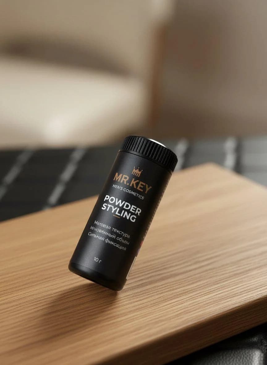 Цилиндрический флакон MR.KEY Powder Styling на столе